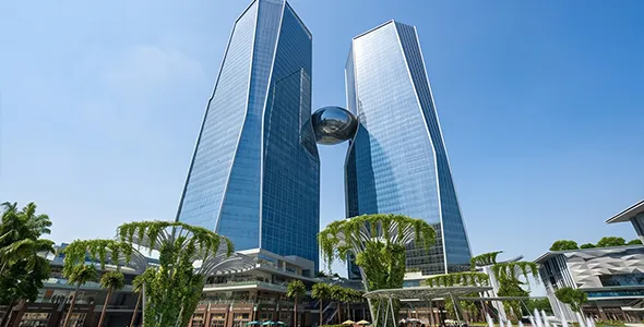 Glass facade and sphere feature